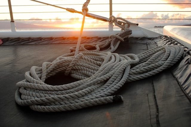 Ropes on a sailboat at sunset